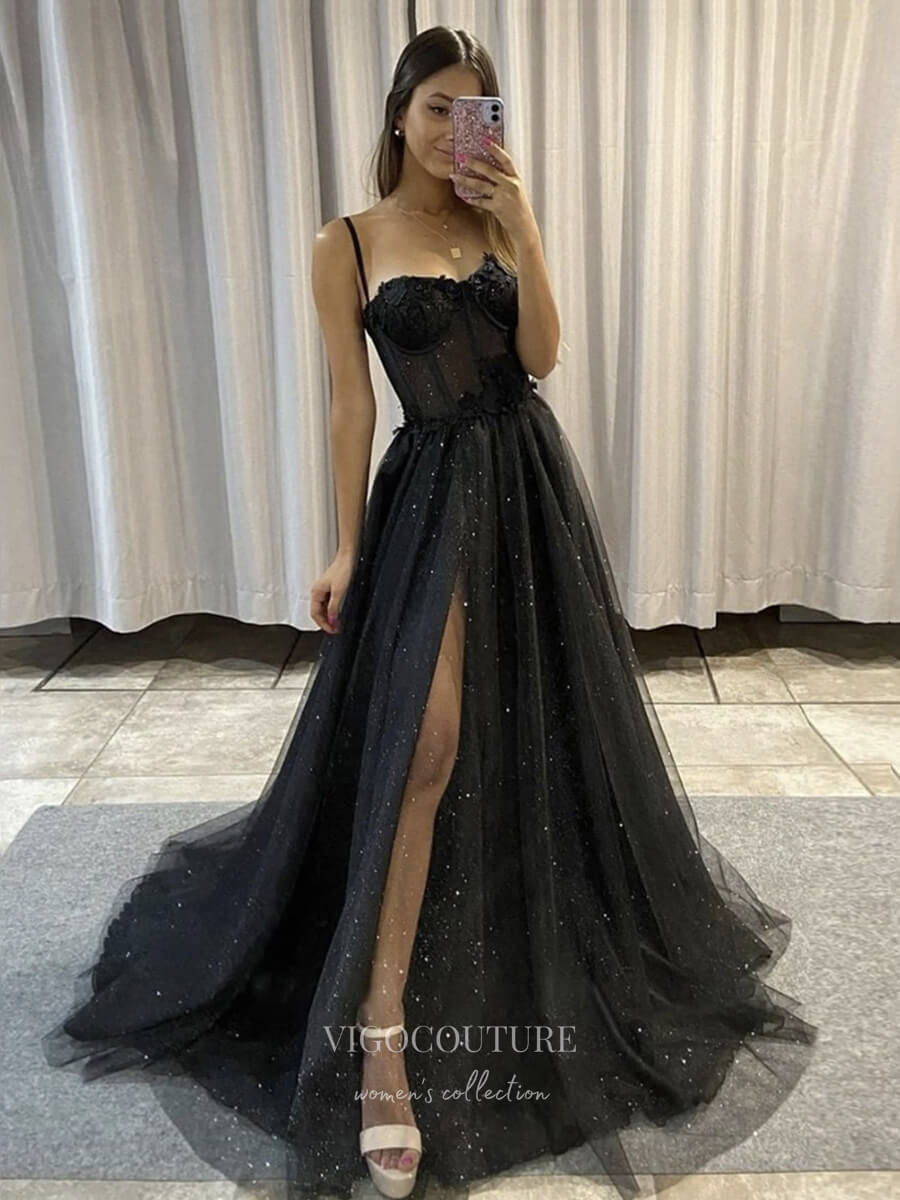 Black Sequins Side Slit A line Spaghetti Straps Party Prom Dress